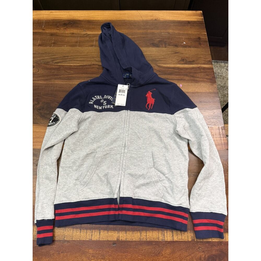 Polo Ralph Lauren Hoodie Boys M 10-12 Gray Navy Full Zip Football Fleece Logo